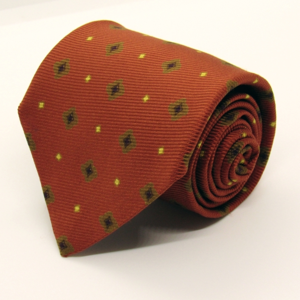 Ermenegildo Zegna Men's Neck Tie - Orange w/ Brown & Tan Diamond Patterns
